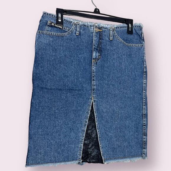 Vintage Tag Rag Culture Denim & Lace Raw Hem Y2K Light Academia Skirt Size 9 - Picture 1 of 7